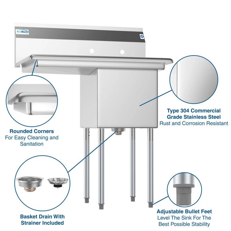33'' Brushed Stainless Steel Wall Mount Commercial Sink with Drainboard