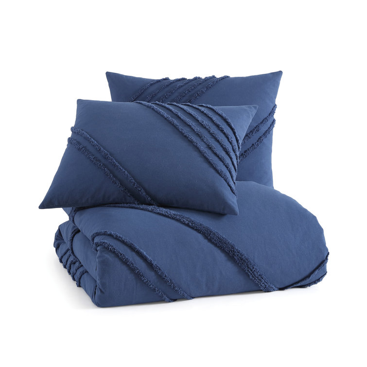 Blue Frayed Cotton Queen Duvet Cover Set