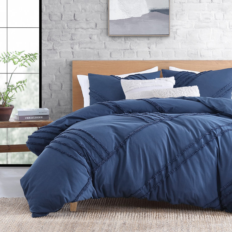Blue Frayed Cotton Queen Duvet Cover Set