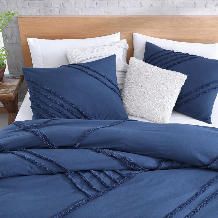 Blue Frayed Cotton Queen Duvet Cover Set