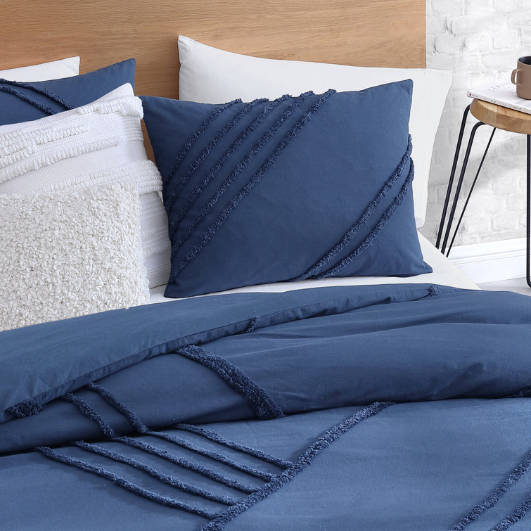 Blue Frayed Cotton Queen Duvet Cover Set