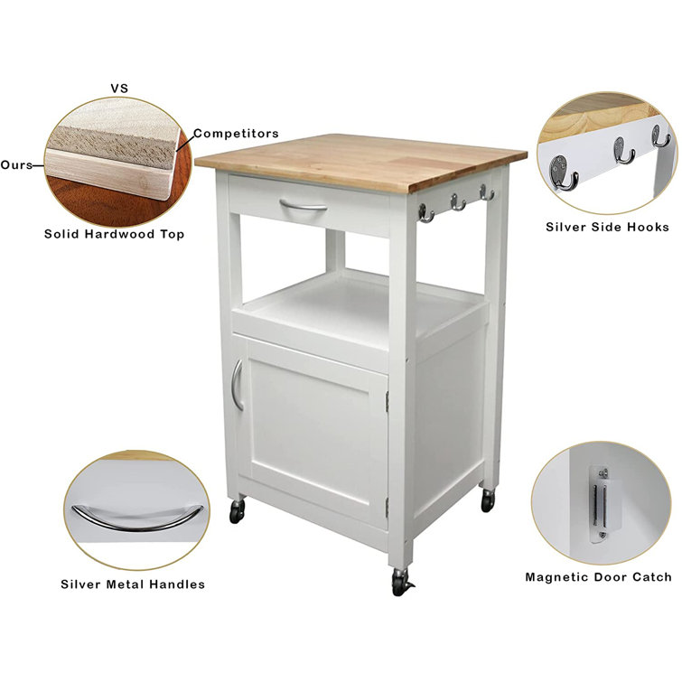 White Wood Kitchen Cart with Storage and Wheels
