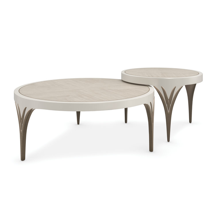 Transitional Round Nesting Cocktail Table in Brown & White with Storage