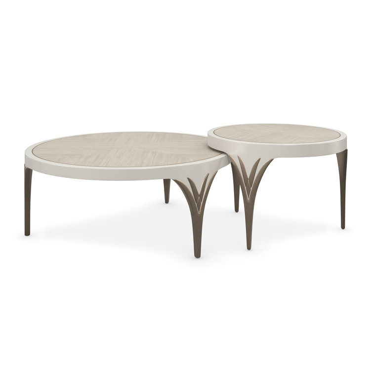 Transitional Round Nesting Cocktail Table in Brown & White with Storage