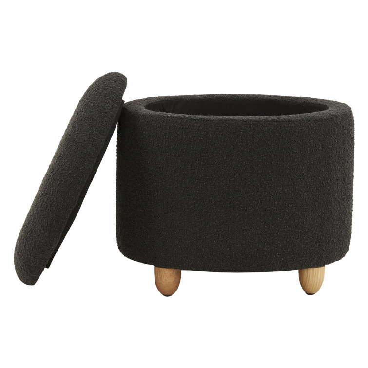 Black Boucle Round Storage Ottoman with Wooden Legs