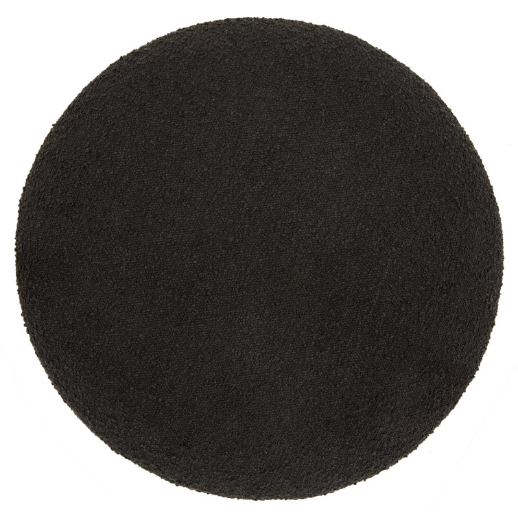 Black Boucle Round Storage Ottoman with Wooden Legs