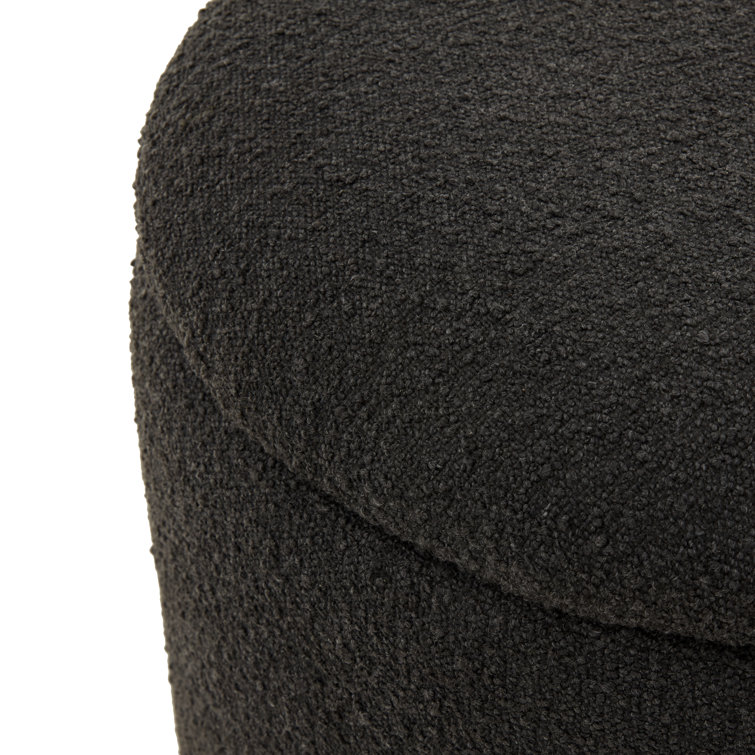 Black Boucle Round Storage Ottoman with Wooden Legs