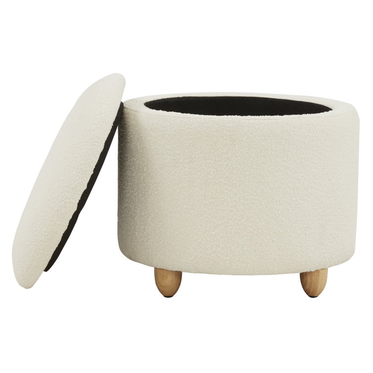 Ivory Boucle Round Upholstered Storage Ottoman with Wood Legs