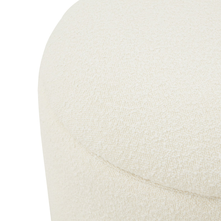 Ivory Boucle Round Upholstered Storage Ottoman with Wood Legs
