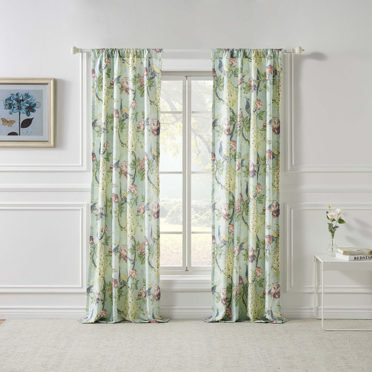 Pavona Blue Floral Light-Filtering Polyester Curtain Panels