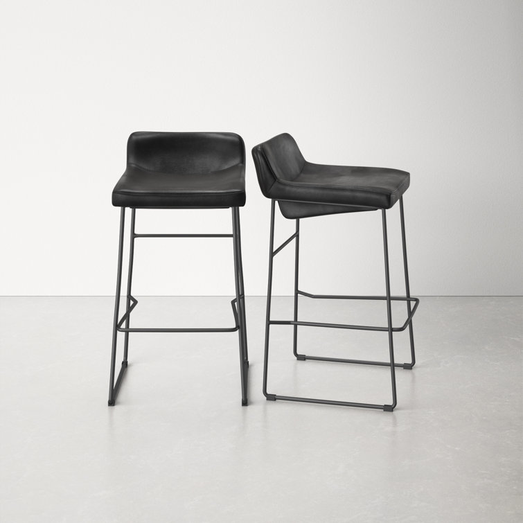 Black Genuine Leather and Iron Saddle Counter Stools, Set of 2