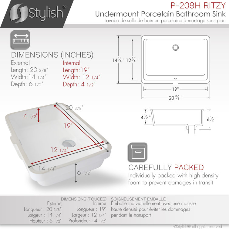 Ritzy 20-3/8" White Porcelain Rectangular Undermount Bathroom Sink