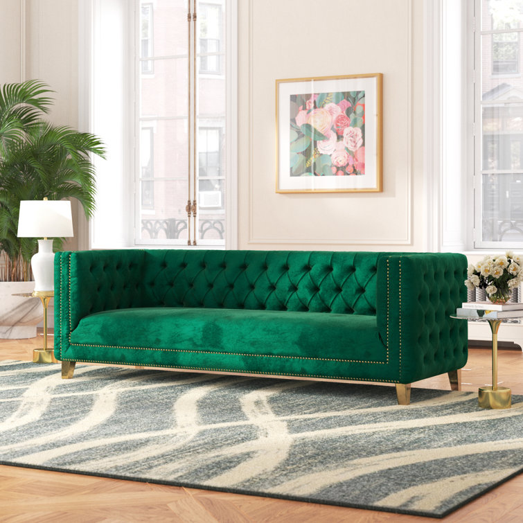 Green Velvet Tufted Sofa with Gold Nailhead Trim