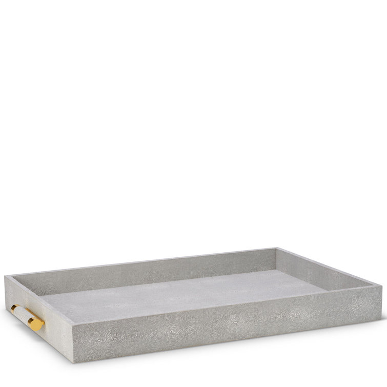 Dove Gray Embossed Leather Rectangular Tray with Brass Handles
