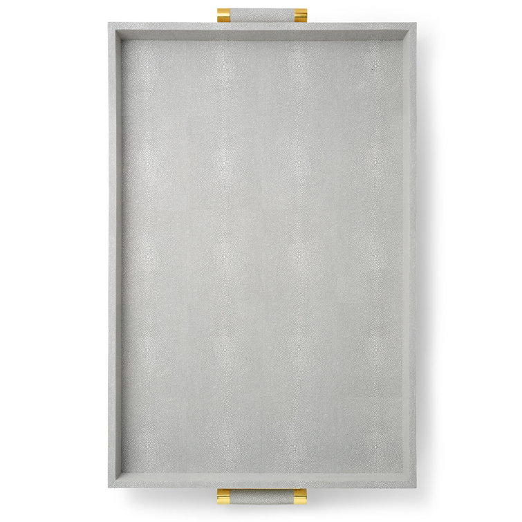 Dove Gray Embossed Leather Rectangular Tray with Brass Handles