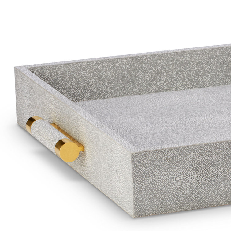 Dove Gray Embossed Leather Rectangular Tray with Brass Handles
