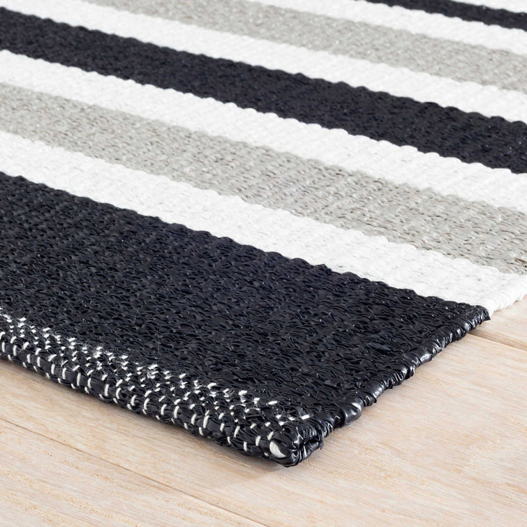 Black and Khaki Stripe Handwoven Reversible Synthetic Rug