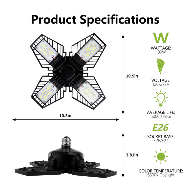 Black Aluminum 4-Panel Adjustable LED Garage Light