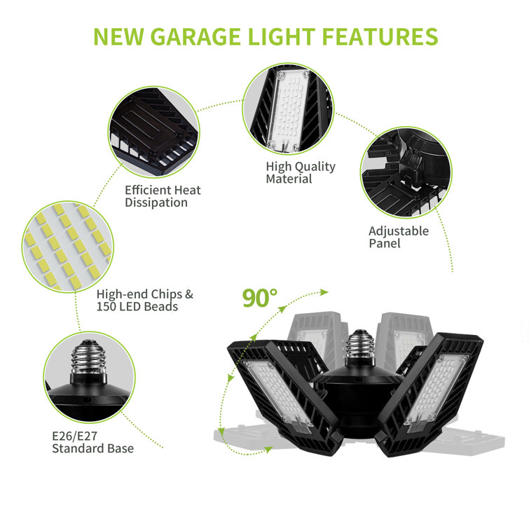Black Aluminum 4-Panel Adjustable LED Garage Light