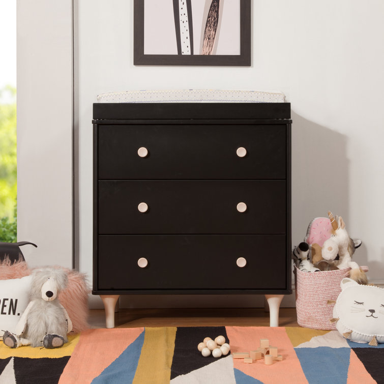 Black and Natural 3-Drawer Changer Dresser with Tray