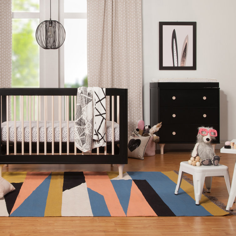 Black and Natural 3-Drawer Changer Dresser with Tray