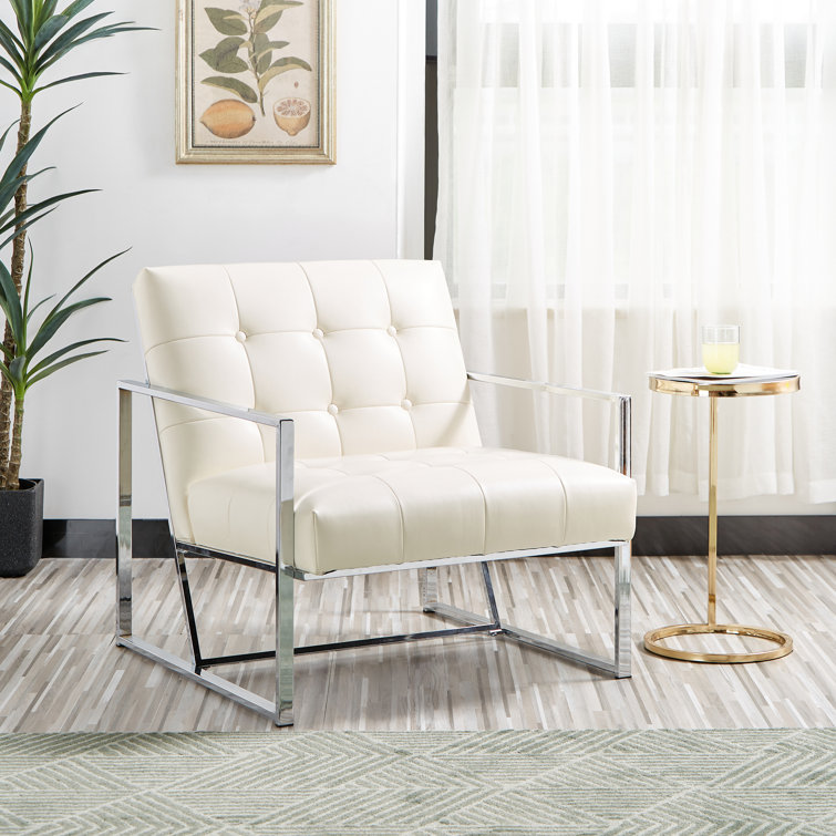 Mid-Century Chrome-Plated White Faux Leather Accent Chair