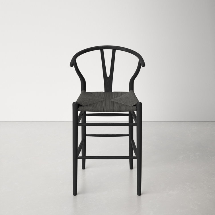 Black and Natural Wood Counter Stool with Wicker Seat