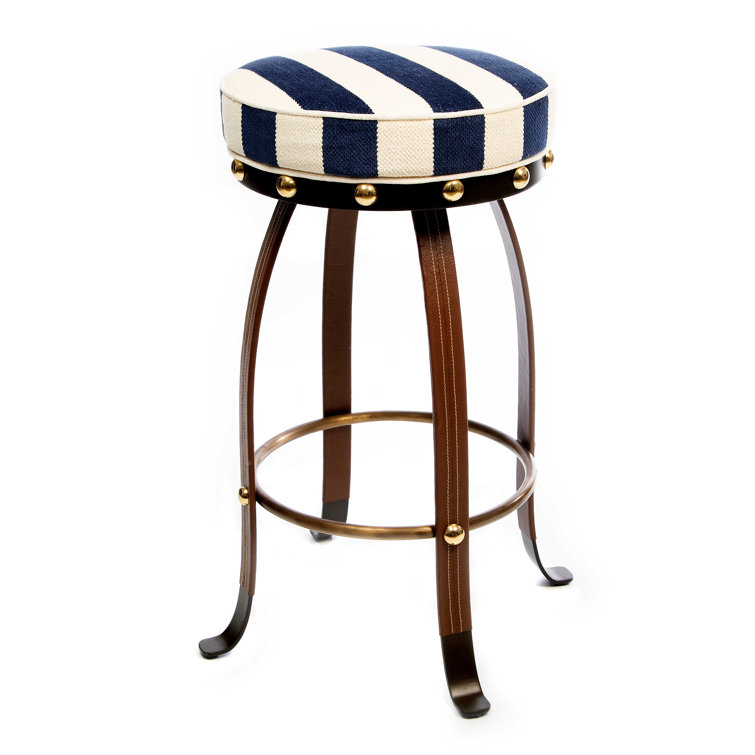 Navy Flatiron Leather-Wrapped Metal Counter Stool with Brass Details