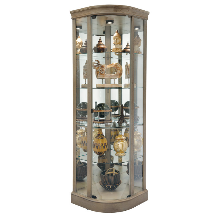 Aged Gray Lighted Corner Curio Cabinet with Glass Shelves