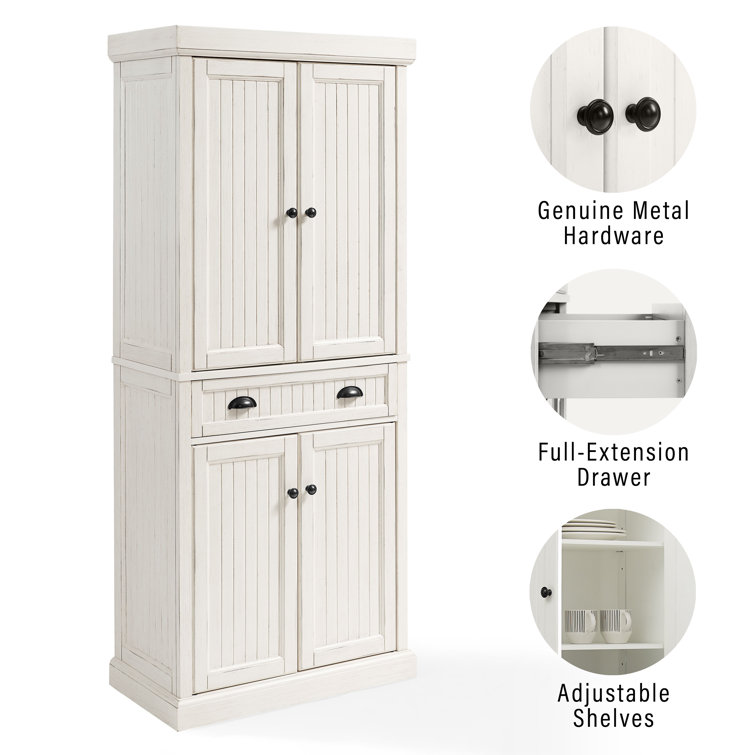 Seaside Distressed White Solid Wood Kitchen Pantry with Adjustable Shelves