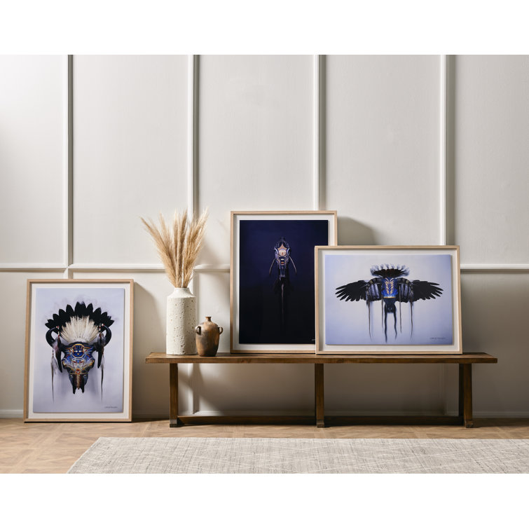 Black Horse Running Graphic Art Print with Oak Frame
