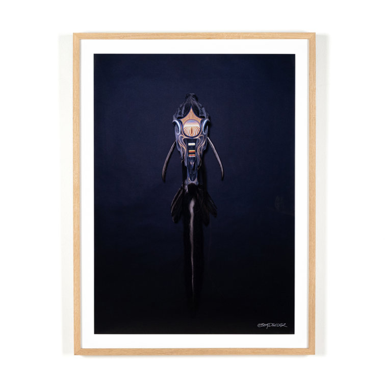 Black Horse Running Graphic Art Print with Oak Frame
