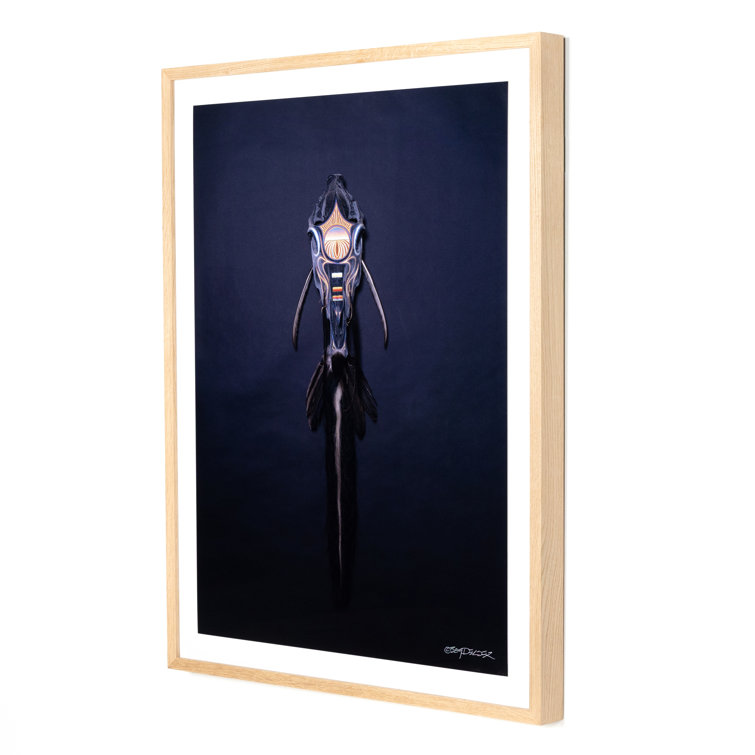 Black Horse Running Graphic Art Print with Oak Frame