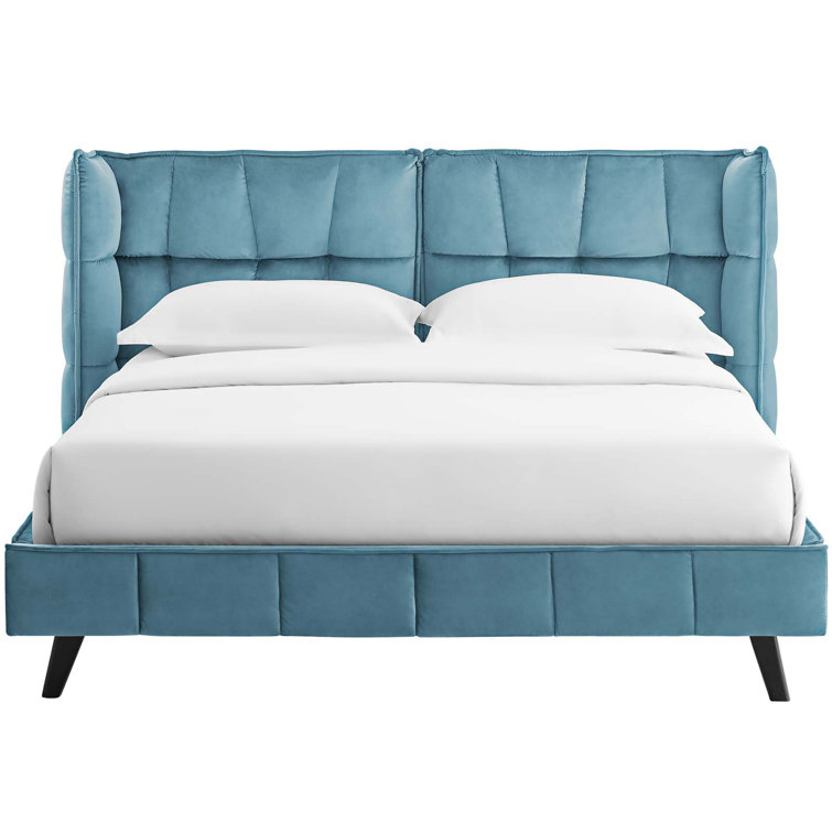 Sea Blue Queen Velvet Tufted Wingback Platform Bed with Slats