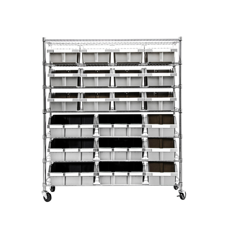 Extra-Wide Gray Steel 7-Tier Bin Rack with 21 Bins