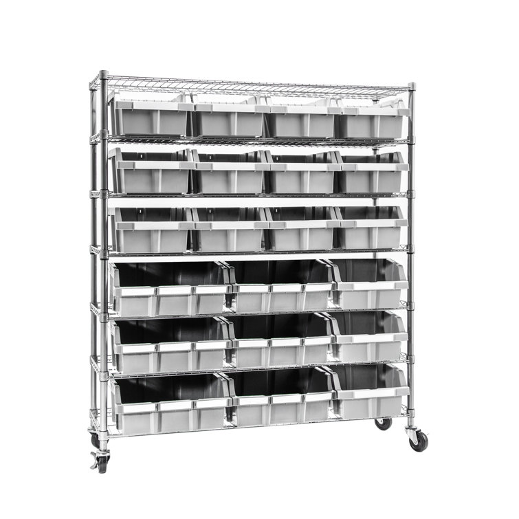 Extra-Wide Gray Steel 7-Tier Bin Rack with 21 Bins