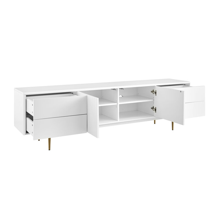 White Modern Media Console with Gold Legs and Cabinet