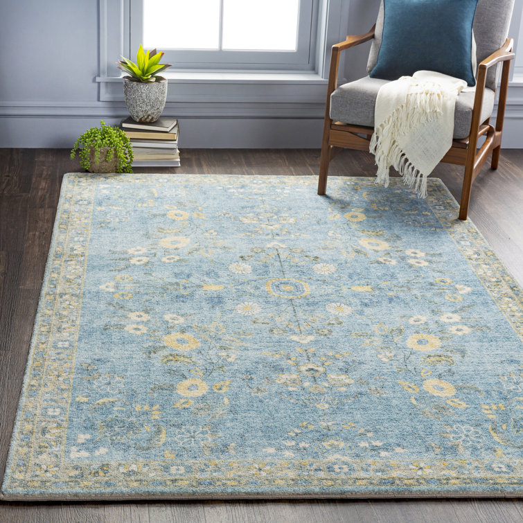 Sky Blue Rectangular Oriental Synthetic Area Rug