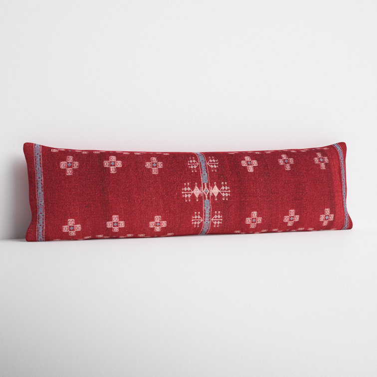 Red Wool Blend Embroidered Lumbar Pillow with Cotton Back
