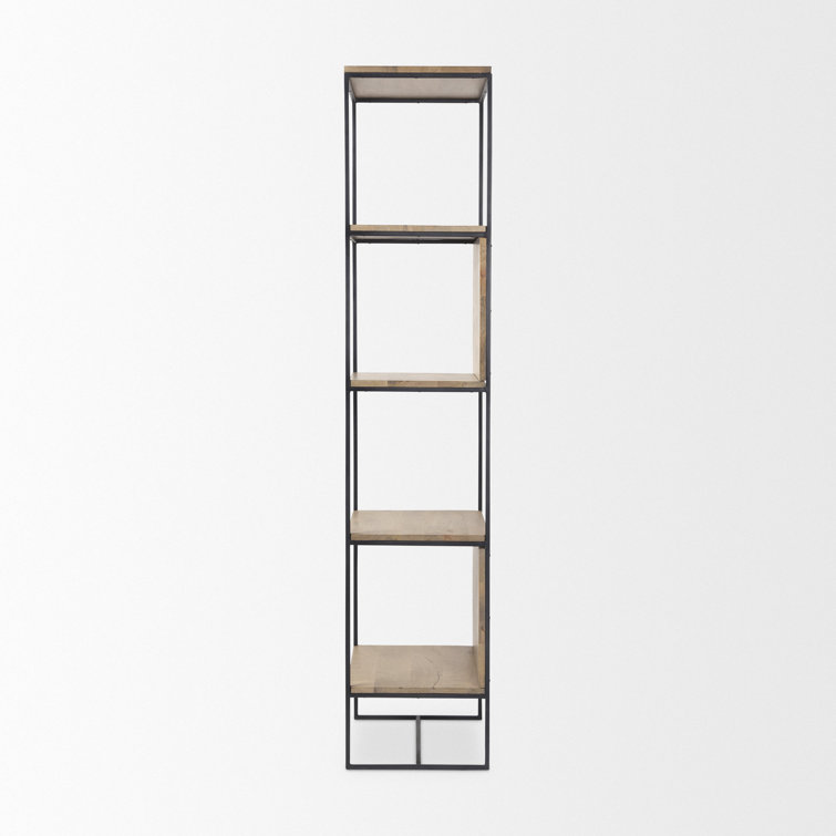 Beige and Black Wood and Iron Narrow Etagere Bookcase