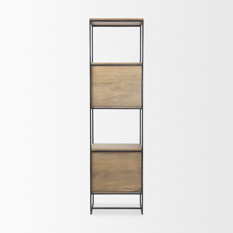 Beige and Black Wood and Iron Narrow Etagere Bookcase