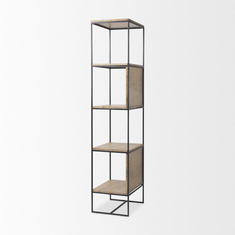 Beige and Black Wood and Iron Narrow Etagere Bookcase