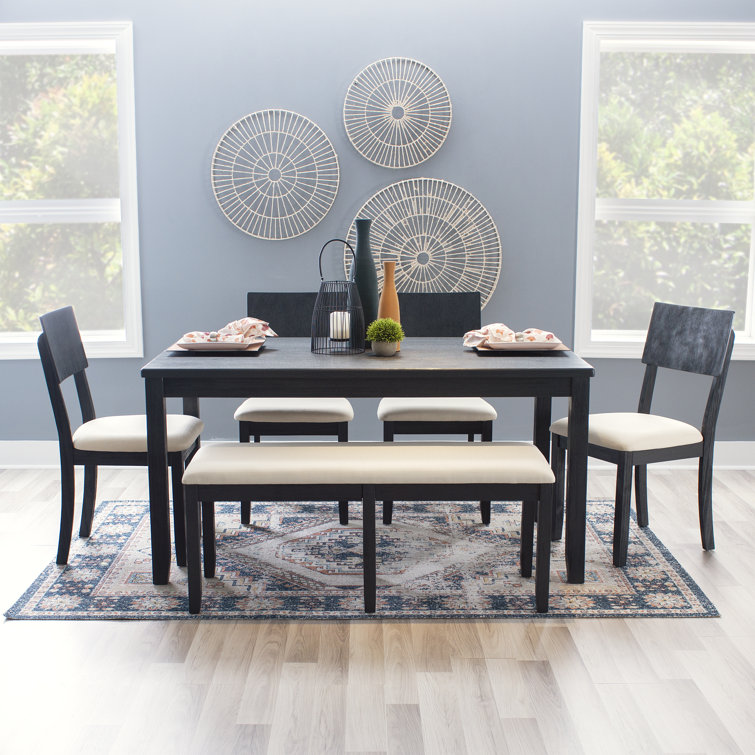 Dark Charcoal Acacia Wood Dining Set with Beige Upholstered Seats