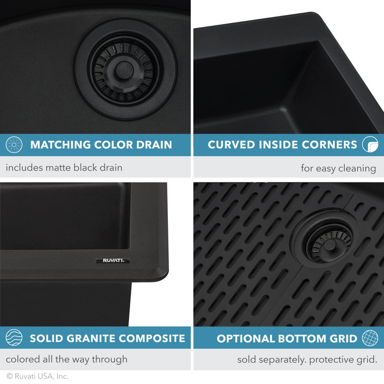 Midnight Black Granite Composite Drop-In Single Bowl Kitchen Sink