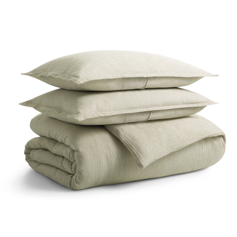 Full Loden Green and Putty Striped Cotton Duvet Set