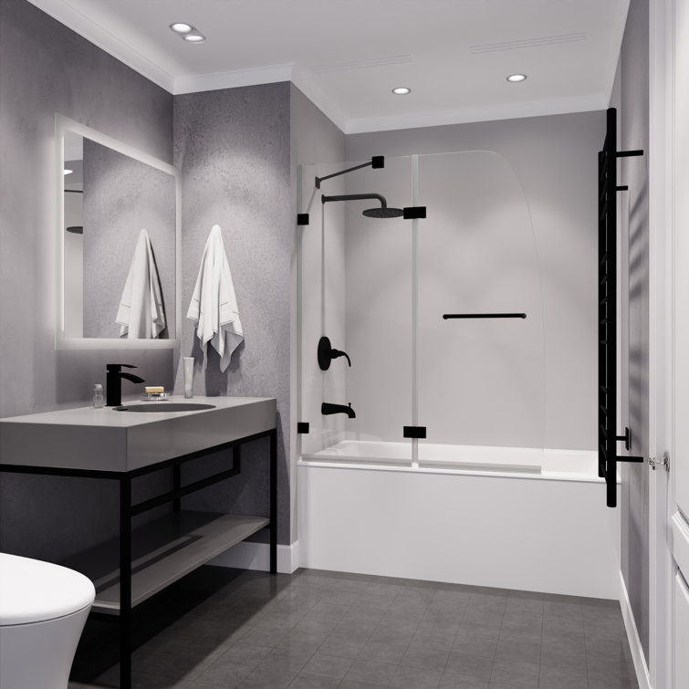 Matte Black Frameless Glass Tub Door with Towel Bar