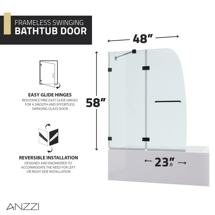 Matte Black Frameless Glass Tub Door with Towel Bar