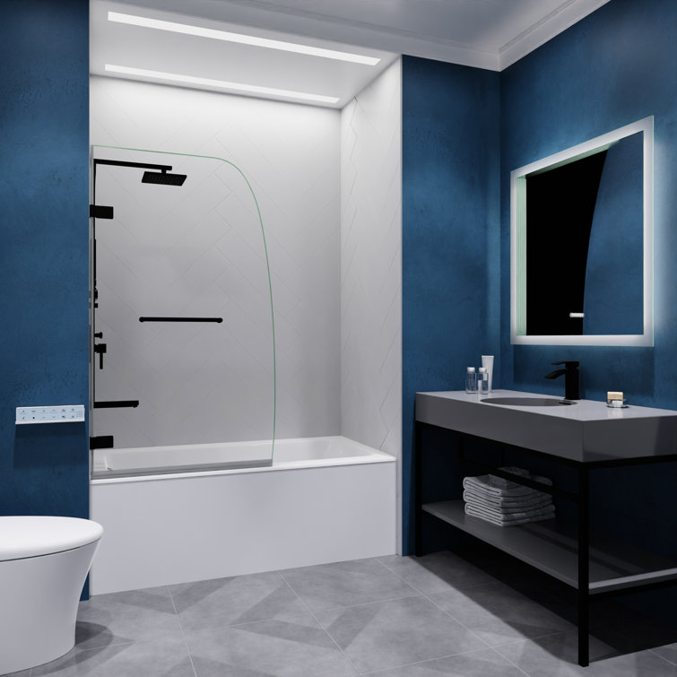 Matte Black Frameless Hinged Tub Door with Clear Glass