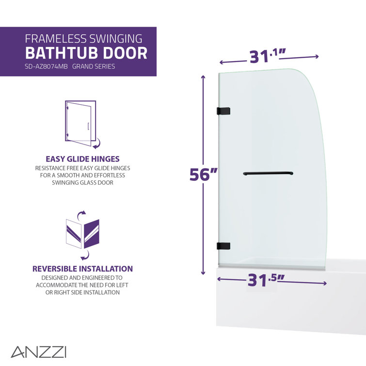 Matte Black Frameless Hinged Tub Door with Clear Glass