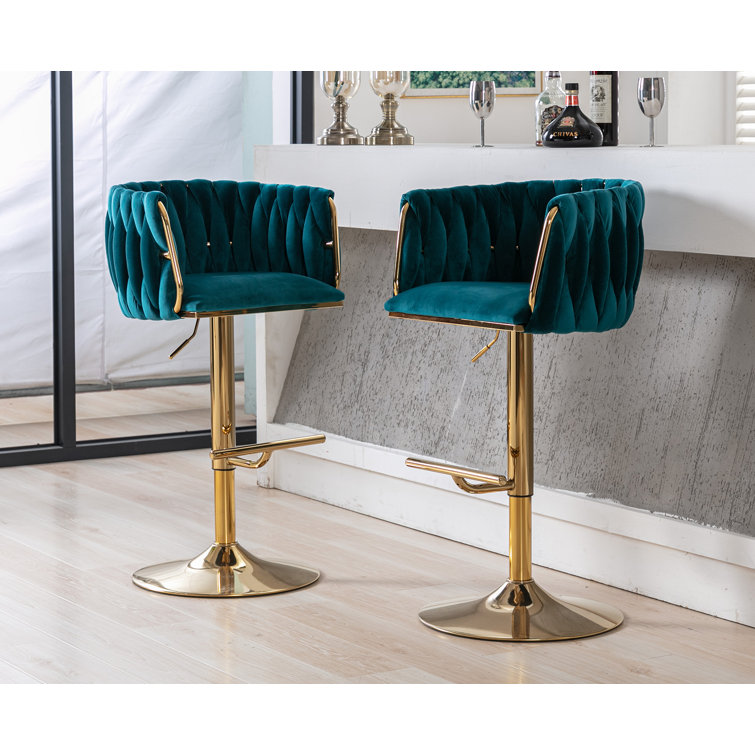 Teal Velvet Adjustable Swivel Bar Stool with Gold Base